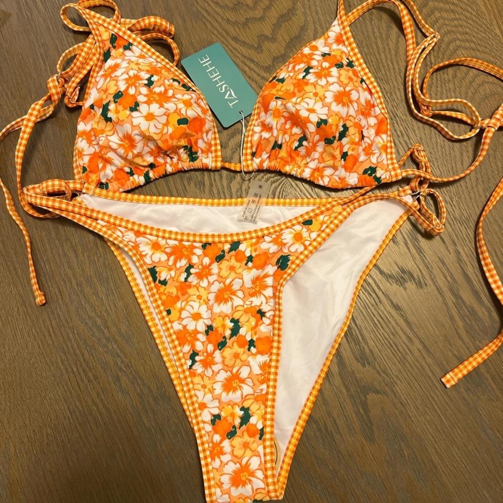 TASHEHE Orange Floral Gingham Triangle Bikini Set High Cut Swimsuit Medium